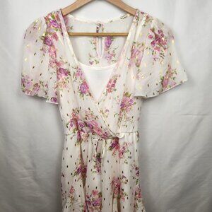 Zunie Women Floral Chiffon Blouse Gold Foil Flutter Sleeve L New Without Tags